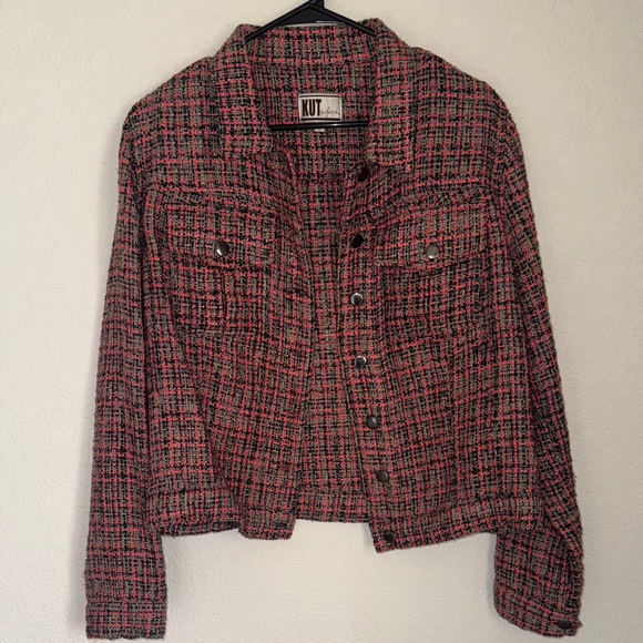 Kut from the Kloth pink tweed moto snap jacket size Large - Picture 2 of 9